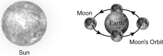 The figure below shows the Earth,Moon,and Sun system at four different points during the month.Label the phase of the Moon that occurs at each point.At what time of day will an observer on Earth see each of these phases reach its highest point in the sky?