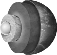 The figure below shows a diagram of Earth's interior.Name the layers shown here,and identify their principal compositions.