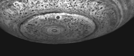 <strong>The image below shows a large storm occurring at the pole of which planet? </strong> A) Venus B) Jupiter C) Saturn D) Neptune