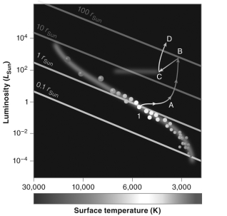 <strong>The figure below shows the evolutionary path of a star on the HR diagram.At which point does helium fusion begin? </strong> A) A B) B C) C D) D
