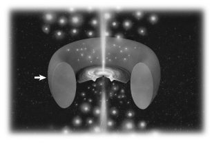 <strong>The figure below shows a schematic diagram of an active galactic nucleus (AGN).How might an observer lying along the direction indicated by the arrow describe this AGN? </strong> A) blazar B) radio-loud galaxy C) radio-quiet galaxy D) quasar