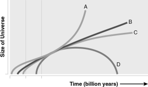 <strong>An alternate universe is filled with normal matter and dark matter,but not dark energy.If its density is twice the critical value,which curve on the figure below might represent its size? </strong> A) A B) B C) C D) D