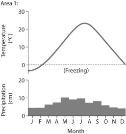 <strong>Figure 50.3 Based on the data in the figure above,which of the following statements is false?</strong> A)Area 1 has more average precipitation than area 2. B)Area 1 has a higher average temperature than area 2. C)Both areas have variation in monthly precipitation. D)Area 2 has a smaller annual temperature variation compared to area 1.