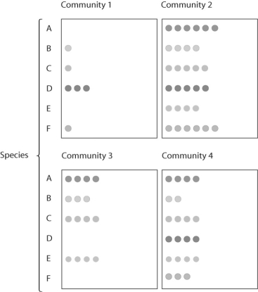 <strong>Figure 53.9 In the figure above,which community has the highest species diversity?</strong> A)community 1 B)community 2 C)community 3 D)community 4