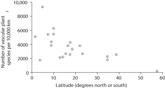 <strong>Figure 53.10 In figure above,what can be stated about species diversity and latitude?</strong> A)As latitude increases,diversity decreases. B)As latitude decreases,diversity decreases. C)Species diversity is independent of latitude. D)Species diversity and latitude cannot be compared using this figure.