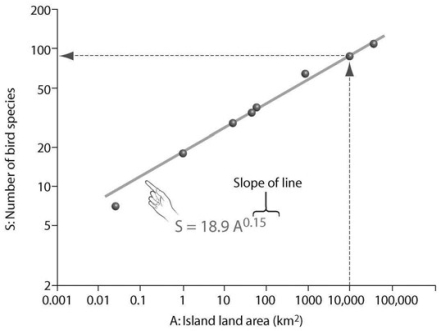 <strong> Based on the species-area plot in the accompanying figure, if habitable area on an island were reduced from 10,000 km2 (square kilometers) to 1000 km2, roughly what percentage of the species would disappear?</strong> A) 0.3 percent B) 3 percent C) 30 percent D) 60 percent