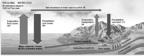 <strong> Consider the global water cycle depicted in the accompanying figure. Which one of the reserves contains the smallest percentage of global water?</strong> A) oceans B) rivers and lakes C) polar ice caps D) glaciers E) atmosphere