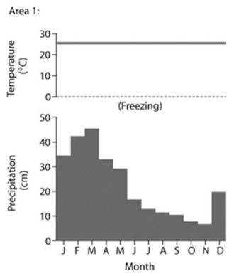 -Based on the data in the accompanying figure, which of the following statements are correct? I. Area 1 would be considered a desert because of its high average temperature. II. Area 1 has more average precipitation than Area 2. III. Area 2 would be considered a desert because of its low average precipitation. IV. Area 2 has a larger annual temperature variation.