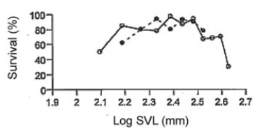 <strong>Use the following information to answer the question(s) below. Martin Wikelski and L. Michael Romero (Body size, performance, and fitness in Galápagos marine iguanas, Integrative and Comparative Biology 43 [2003]: 376-86) measured the snout-to-vent (anus) length of Galápagos marine iguanas and observed the percent survival of different-sized animals, all of the same age. The graph shows the log snout-vent length (SVL, a measure of overall body size) plotted against the percent survival of these different-size classes for males and females.   Wikelski and Romero (2003) found that large marine iguanas had higher reproductive success than smaller iguanas did. However, the large iguanas were generally in poor body condition because they could not eat enough; at higher temperatures, their foraging efficiency improved, allowing them to eat more. Thus, Wikelski and Romero hypothesized that iguana size will ________ as global warming gradually increases air and water temperatures in the Galápagos Islands.</strong> A) increase B) decrease C) stabilize around the mean body size D) remain unchanged (it is not clear that body size increases fitness) <div style=padding-top: 35px> 