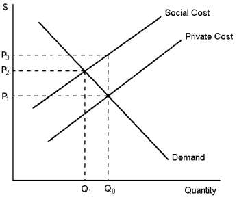 <strong>Graph 10-1 Refer to Graph 10-1. Which price and quantity combination represents the social optimum?</strong> A) P<sub>1</sub>, Q<sub>1</sub> B) P<sub>2</sub>, Q<sub>1</sub> C) P<sub>1</sub>, Q<sub>2</sub> D) P<sub>2</sub>, Q<sub>2</sub>