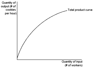 <strong>Graph 13-1 This graph depicts a production function for a firm that produces cookies. Use the graph to answer the following question(s). Refer to Graph 13-1. With regard to cookie production, the figure implies:</strong> A) decreasing cost of cookie production B) diminishing marginal product of workers C) increasing marginal product of workers D) diminishing marginal cost of cookie production