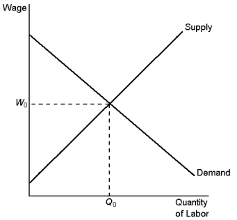<strong>Graph 21-1 Refer to Graph 21-1. According to the graph, if the government imposes a minimum wage below W<sub>o</sub>, it is likely to:</strong> A) have no effect on employment B) provide more income to the working poor than they collectively received before the minimum wage was set C) reduce employment to a level below Q<sub>o</sub> D) increase employment to a level above Q<sub>o</sub>