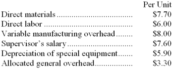 <strong>Part J88 is used in one of Quinney Corporation's products. The company makes 3,000 units of this part each year. The company's Accounting Department reports the following costs of producing the part at this level of activity: An outside supplier has offered to produce this part and sell it to the company for $32.10 each. If this offer is accepted, the supervisor's salary and all of the variable costs, including direct labor, can be avoided. The special equipment used to make the part was purchased many years ago and has no salvage value or other use. The allocated general overhead represents fixed costs of the entire company. If the outside supplier's offer were accepted, only $3,000 of these allocated general overhead costs would be avoided. If management decides to buy part J88 from the outside supplier rather than to continue making the part, what would be the annual impact on the company's overall net operating income?</strong> A) Net operating income would decline by $22,200 per year. B) Net operating income would decline by $16,200 per year. C) Net operating income would decline by $5,400 per year. D) Net operating income would decline by $19,200 per year.