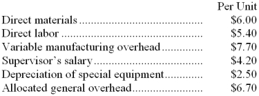 <strong>Crick Corporation makes 11,000 units of part W28 each year. This part is used in one of the company's products. The company's Accounting Department reports the following costs of producing the part at this level of activity: An outside supplier has offered to make and sell the part to the company for $25.50 each. If this offer is accepted, the supervisor's salary and all of the variable costs, including direct labor, can be avoided. The special equipment used to make the part was purchased many years ago and has no salvage value or other use. The allocated general overhead represents fixed costs of the entire company. If the outside supplier's offer were accepted, only $18,000 of these allocated general overhead costs would be avoided. In addition, the space used to produce part W28 would be used to make more of one of the company's other products, generating an additional segment margin of $12,000 per year for that product. What would be the impact on the company's overall net operating income of buying part W28 from the outside supplier?</strong> A) Net operating income would decline by $65,000 per year. B) Net operating income would increase by $5,800 per year. C) Net operating income would decline by $89,000 per year. D) Net operating income would increase by $12,000 per year.