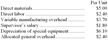 <strong>Outram Corporation is presently making part I14 that is used in one of its products. A total of 8,000 units of this part are produced and used every year. The company's Accounting Department reports the following costs of producing the part at this level of activity: An outside supplier has offered to make and sell the part to the company for $14.80 each. If this offer is accepted, the supervisor's salary and all of the variable costs can be avoided. The special equipment used to make the part was purchased many years ago and has no salvage value or other use. The allocated general overhead represents fixed costs of the entire company, none of which would be avoided if the part were purchased instead of produced internally. If management decides to buy part I14 from the outside supplier rather than to continue making the part, what would be the annual impact on the company's overall net operating income?</strong> A) Net operating income would decline by $15,200 per year. B) Net operating income would increase by $15,200 per year. C) Net operating income would increase by $52,800 per year. D) Net operating income would decline by $52,800 per year.