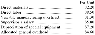 <strong>Part N19 is used by Malouf Corporation to make one of its products. A total of 7,000 units of this part are produced and used every year. The company's Accounting Department reports the following costs of producing the part at this level of activity: An outside supplier has offered to make the part and sell it to the company for $24.50 each. If this offer is accepted, the supervisor's salary and all of the variable costs, including the direct labor, can be avoided. The special equipment used to make the part was purchased many years ago and has no salvage value or other use. The allocated general overhead represents fixed costs of the entire company, none of which would be avoided if the part were purchased instead of produced internally. In addition, the space used to make part N19 could be used to make more of one of the company's other products, generating an additional segment margin of $25,000 per year for that product. What would be the impact on the company's overall net operating income of buying part N19 from the outside supplier?</strong> A) Net operating income would decline by $21,900 per year. B) Net operating income would decline by $60,700 per year. C) Net operating income would decline by $10,700 per year. D) Net operating income would increase by $25,000 per year.