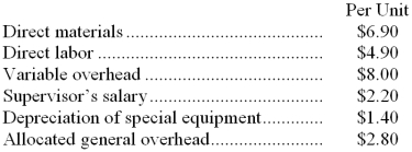 <strong>Kleffman Corporation is presently making part X31 that is used in one of its products. A total of 2,000 units of this part are produced and used every year. The company's Accounting Department reports the following costs of producing the part at this level of activity: An outside supplier has offered to produce and sell the part to the company for $23.40 each. If this offer is accepted, the supervisor's salary and all of the variable costs, including direct labor, can be avoided. The special equipment used to make the part was purchased many years ago and has no salvage value or other use. The allocated general overhead represents fixed costs of the entire company. If the outside supplier's offer were accepted, only $1,000 of these allocated general overhead costs would be avoided. If management decides to buy part X31 from the outside supplier rather than to continue making the part, what would be the annual impact on the company's overall net operating income?</strong> A) Net operating income would decline by $5,600 per year. B) Net operating income would decline by $1,800 per year. C) Net operating income would decline by $4,600 per year. D) Net operating income would decline by $6,600 per year.