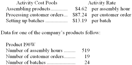 <strong>Suoboda Corporation uses the following activity rates from its activity-based costing to assign overhead costs to products: How much overhead cost would be assigned to Product I90W using the activity-based costing system?</strong> A) $316.56 B) $105.05 C) $4,371.90 D) $59,038.10