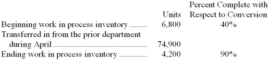 <strong>Jam Company uses the weighted-average method in its process costing system. Operating data for the Painting Department for the month of April appear below: What were the equivalent units for conversion costs in the Painting Department for April?</strong> A) 78,680 B) 77,500 C) 72,300 D) 81,280