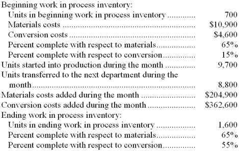 Moulgadi Corporation uses the FIFO method in its process costing system. Data concerning the first processing department for the most recent month are listed below:   Note: Your answers may differ from those offered below due to rounding error. In all cases, select the answer that is the closest to the answer you computed. To reduce rounding error, carry out all computations to at least three decimal places. -The cost per equivalent unit for materials for the month in the first processing department is closest to:
