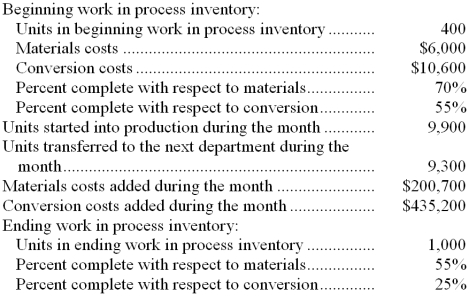 Pratt Corporation uses the FIFO method in its process costing system. Data concerning the first processing department for the most recent month are listed below:   Note: Your answers may differ from those offered below due to rounding error. In all cases, select the answer that is the closest to the answer you computed. To reduce rounding error, carry out all computations to at least three decimal places. -The total cost transferred from the first processing department to the next processing department during the month is closest to: