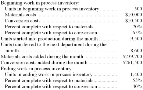 <strong>Osman Corporation uses the FIFO method in its process costing system. Data concerning the first processing department for the most recent month are listed below: Note: Your answers may differ from those offered below due to rounding error. In all cases, select the answer that is the closest to the answer you computed. To reduce rounding error, carry out all computations to at least three decimal places. What are the equivalent units for conversion costs for the month in the first processing department?</strong> A) 8,100 B) 560 C) 8,835 D) 10,000