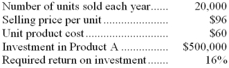 The following information is available on Browning Inc.'s Product A: The company uses the absorption costing approach to cost-plus pricing described in the text. Based on these data, the total selling and administrative expenses each year are: