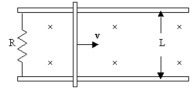 <strong>A conducting rod is sliding on metal rails with velocity v.A magnetic field B is into the paper,the separation of the rails is L,and the resistance of the circuit is R.In what direction in the diagram is the current flowing in the resistor? </strong> A) up B) down C) up then down D) down then up E) Insufficient information given,