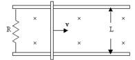 <strong>A conducting rod slides at 3.0 m/s on metal rails separated by 2.0 m.The 0.66 m T magnetic field is into the paper.If the resistance is 220 m \Omega , what is the current in the circuit? </strong> A) 18 mA B) 9.0 mA C) 87 \mu A D) 3.0 \mu A E) 4.5 mA