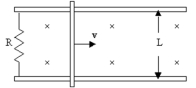 <strong>A conducting rod slides at 4.0 m/s on metal rails separated by 2.0 m.If a current of 40 mA is generated in the circuit with resistance of 0.36 \Omega ,what is the magnetic field between the rails? </strong> A) 0.028 T B) 0.11 T C) 14 mT D) 3.6 mT E) 1.8 mT