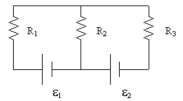 <strong>If R<sub>1</sub> = 6 \Omega , R<sub>2</sub> = 8 \Omega , R<sub>3</sub> = 2 \Omega , \varepsilon <sub>1</sub> = 4 V, and \varepsilon <sub>2</sub> = 14 V, what is the current in R<sub>2</sub>? </strong> A) 1 A B) 2 A C) 3 A D) 4 A E) 5 A