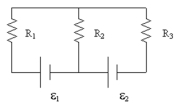 <strong>If R<sub>1</sub> = 6.0 \Omega , R<sub>2</sub> = 8.0 \Omega , R<sub>3</sub> = 2.0 \Omega , \varepsilon <sub>1</sub> = 4.0 V, and \varepsilon <sub>2</sub> = 14 V,what is the power supplied to the circuit by \varepsilon <sub>1</sub>? </strong> A) 4.0 W B) 8.0 W C) 12 W D) 16 W E) 20 W