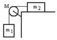 <strong>A mass m<sub>1</sub> is connected by a light string that passes over a pulley of mass M to a mass m<sub>2</sub> sliding on a frictionless horizontal surface as shown in the figure.There is no slippage between the string and the pulley.The pulley has a radius of 25.0 cm and a moment of inertia of 1/2 MR<sup>2</sup>.If m<sub>1</sub> is 1.00 kg,m<sub>2</sub> is 2.00 kg,and M is 4.00 kg,then what is the tension in the string attached to m<sub>2</sub>? </strong> A) 3.92 m/s<sup>2</sup> B) 3.65 m/s<sup>2</sup> C) 3.23 m/s<sup>2</sup> D) 3.02 m/s<sup>2</sup> E) 2.98 m/s<sup>2</sup>