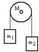 <strong>A mass m<sub>1</sub> is connected by a light string that passes over a pulley of mass M to a mass m<sub>2</sub> as shown in the figure.Both masses move vertically and there is no slippage between the string and the pulley.The pulley has a radius of 20.0 cm and a moment of inertia of 1/2 MR<sup>2</sup>.If m<sub>1</sub> is 3.00 kg,m<sub>2</sub> is 6.00 kg and M is 4.00 kg,then what is the acceleration of the masses? </strong> A) 5.05 m/s<sup>2</sup> B) 4.75 m/s<sup>2</sup> C) 4.05 m/s<sup>2</sup> D) 3.44 m/s<sup>2</sup> E) 2.67 m/s<sup>2</sup>