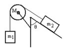 <strong>A mass m<sub>1</sub> is connected by a light string that passes over a pulley of mass M to a mass m<sub>2</sub> sliding on a frictionless incline as shown in the figure.There is no slippage between the string and the pulley.The pulley has a radius of 25.0 cm and a moment of inertia of 1/2 MR<sup>2</sup>.If m<sub>1</sub> is 2.00 kg,m<sub>2</sub> is 1.00 kg,M is 4.00 kg,and the angle is 60.0 degrees,then what is the acceleration of m<sub>1</sub>? </strong> A) 3.98 m/s<sup>2</sup> down B) 3.27 m/s<sup>2</sup> down C) 3.15 m/s<sup>2</sup> down D) 2.94 m/s<sup>2</sup> down E) 1.64 m/s<sup>2</sup> down