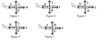 <strong>An airplane is traveling in level flight at a constant velocity.L is the lift,W is the weight,T is the thrust,and D is the drag.Which of the diagrams is the correct free body force diagram for the airplane? </strong> A) Figure 1 B) Figure 2 C) Figure 3 D) Figure 4 E) Figure 5