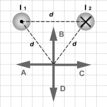 <strong>FIGURE 28-1 Fig. 28-1 above shows two long wires carrying equal currents I<sub>1</sub> and I<sub>2</sub> flowing in opposite directions. Which of the arrows labeled A to D correctly represents the direction of the magnetic field due to the wires at a point located at an equal distance d from each wire?</strong> A)A B)B C)C D)D E)The magnetic field is equal to zero at that point.
