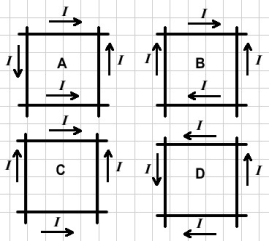 <strong>FIGURE 28-2 Fig. 28-2 shows four different sets of wires that cross each other without actually touching. The magnitude of the current is the same in all four cases, and the directions of current flow are as indicated. For which configuration will the magnetic field at the center of the square formed by the wires be equal to zero?</strong> A)A B)B C)C D)D E)The field is equal to zero in all four cases.