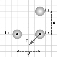 <strong>FIGURE 28-4 Fig. 28-4 shows three long, parallel, current-carrying wires. The current directions are indicated for currents I<sub>1</sub> and I<sub>3</sub>. The arrow labeled F represents the magnetic force acting on current I<sub>3</sub>. The 3 currents have equal magnitudes. What is the direction of the current I<sub>2</sub>?</strong> A)into the picture (in the direction opposite to that of I<sub>1</sub> and I<sub>3</sub>) B)horizontal to the right C)vertical upward D)vertical downward E)out of the picture (in the same direction as I<sub>1</sub> and I<sub>2</sub>)