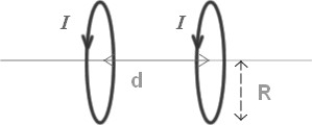 <strong>FIGURE 28-10 Two coaxial circular coils of radius R = 15 cm are positioned a distance d = 20 cm apart, as shown in Fig. 28-10. Calculate the magnetic field half-way between the coils. Each coil carries a current I = 4 A.</strong> A)0.9 × 10<sup>-3</sup> T B)3.9 × 10<sup>-3</sup> T C)1.9 × 10<sup>-3</sup> T D)6.3 × 10<sup>-3</sup> T E)9.2 × 10<sup>-3</sup> T