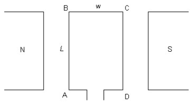 <strong>FIGURE 27-5   A rectangular coil, with corners labeled ABCD, of length L and width w is placed in a magnetic field B as shown in Fig. 27-5. If there is no current flowing through the coil, what is the force acting on section AB of the coil?</strong> A)ILB sinθ B)ILB cos θ C)ILB D)0 N E)None of the other answers is correct. <div style=padding-top: 35px> 