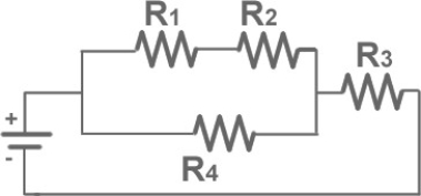 <strong>FIGURE 26-3 In Fig. 26-3 which resistor has the largest value of the electric current?</strong> A)R<sub>3</sub> B)R<sub>2</sub> C)R<sub>1</sub> D)R<sub>4</sub> E)All the resistors have the same current.