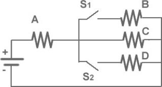<strong>FIGURE 26-4 In Fig. 26-4 four identical resistors labeled A to D are connected to a battery as shown. S<sub>1</sub> and S<sub>2</sub> are switches. Which of the following actions would result in the greatest increase in the current through resistor A?</strong> A)closing both switches B)closing S<sub>1</sub> only C)keeping both switches open as shown D)closing S<sub>2</sub> only E)The answer depends on the value of the emf of the battery.