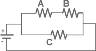 <strong>FIGURE 26-5 In Fig. 26-5 shown below, the resistors A, B and C have resistances R, 2R, and R respectively. Which resistor dissipates the most power?</strong> A)A B)B C)C D)A & B dissipate the same amount of power. E)All 3 resistors dissipate the same amount of power.