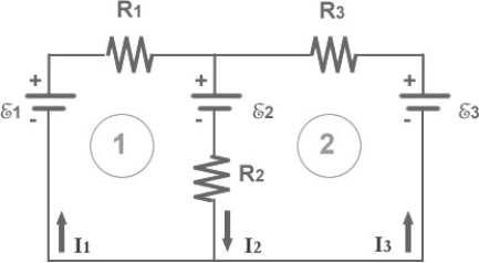<strong>FIGURE 26-8 For the circuit shown in Fig. 26-8, which equation is correct for loop2 (going clockwise)?</strong> A)E<sub>2</sub> + R<sub>3</sub>I<sub>3</sub> + E<sub>3</sub> - R<sub>2</sub>I<sub>2</sub> = 0 B)E<sub>2</sub> + R<sub>3</sub>I<sub>3</sub> - E<sub>3</sub> + R<sub>2</sub>I<sub>2</sub> = 0 C)E<sub>2</sub> - R<sub>3</sub>I<sub>3</sub> - E<sub>3</sub> - R<sub>2</sub>I<sub>2</sub> = 0 D)E<sub>2</sub> + R<sub>3</sub>I<sub>3</sub> + E<sub>3</sub> + R<sub>2</sub>I<sub>2</sub> = 0 E)-E<sub>2</sub> + R<sub>3</sub>I<sub>3</sub> - E<sub>3</sub> + R<sub>2</sub>I<sub>2</sub> = 0