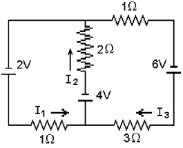 <strong>FIGURE 26-10 Which of the equations here is valid for the circuit shown in Fig. 26-10?</strong> A)2 - I<sub>1</sub> - 2I<sub>2</sub> = 0 B)2 - 2I<sub>1</sub> - 2I<sub>2</sub> - 4I<sub>3</sub> = 0 C)4 - I<sub>1</sub> + 4I<sub>3</sub> = 0 D)-2 - I<sub>1</sub> - 2I<sub>2</sub> = 0 E)6 - I<sub>1</sub> - 2I<sub>2</sub> = 0