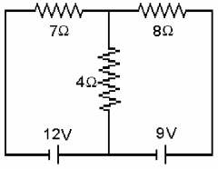 FIGURE 26-12 Refer the the circuit in Fig. 26-12 to answer the following: (a) Determine the current in the 7-Ω resistor. (b) Determine the current in the 8-Ω resistor. (c) Determine the current in the 4-Ω resistor.