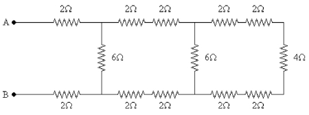 <strong>FIGURE 26-15 A number of resistors are connected across points A and B as shown in Fig. 26-15. What is the equivalent resistance between points A and B?</strong> A)4 Ω B)6 Ω C)8 Ω D)10 Ω E)12 Ω