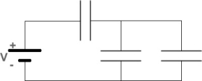<strong>FIGURE 24-1 Fig. 24-1 shows 3 capacitors, of equal capacitance C, connected to a battery of voltage V. What is the equivalent capacitance of this combination?</strong> A)3C/2 B)C/2 C)2C/3 D)3 C E)C/3