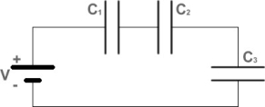 <strong>FIGURE 24-2 Fig. 24-2 shows three capacitors connected to a battery. The capacitances are such that C<sub>1</sub> = 2 C<sub>2</sub> and C<sub>1</sub> = 3C<sub>3</sub>. Which capacitor stores the smallest amount of charge?</strong> A)C<sub>2</sub> B)C<sub>3</sub> C)C<sub>1</sub> D)C<sub>2</sub> or C<sub>3</sub> E)All three capacitors store the same amount of charge.